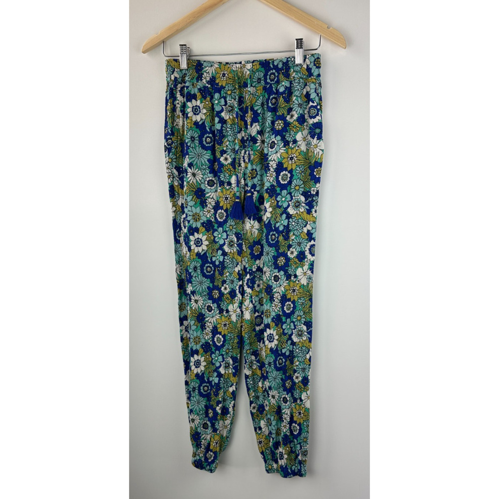 Boden Crinkle Tapered Trousers Blue Floral Pull On Pants Tassel Women's Size 6 - Picture 11 of 16